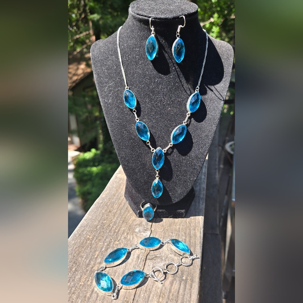 Blue Topaz Teardrop Beveled Necklace 18" Bracelet 10" Ring 4.5 Earring SET - Picture 3 of 11